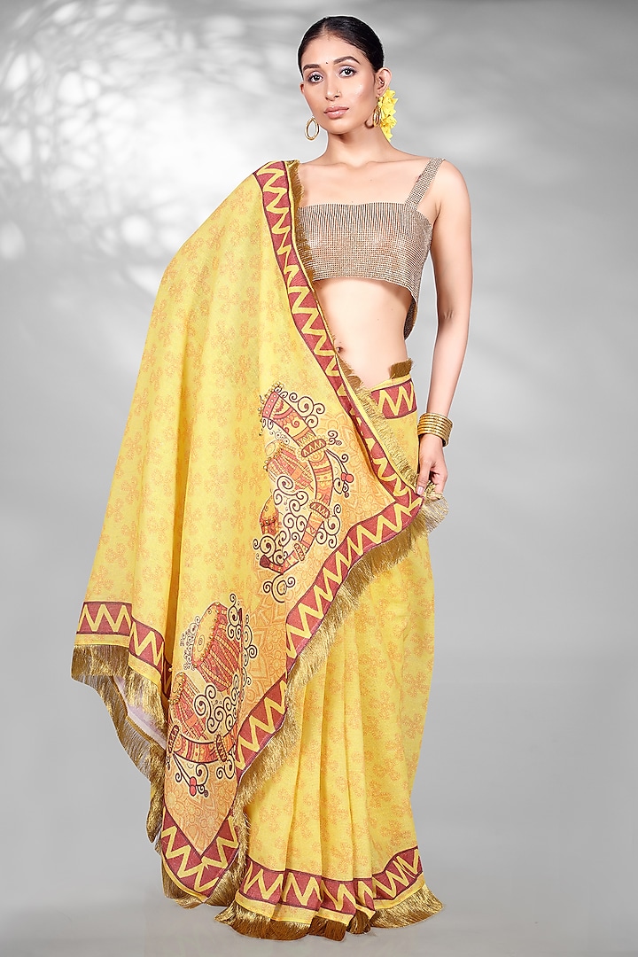 Yellow Jute Digital Printed & Sequins Embroidered Saree Set by Anita kanwal studio at Pernia's Pop Up Shop