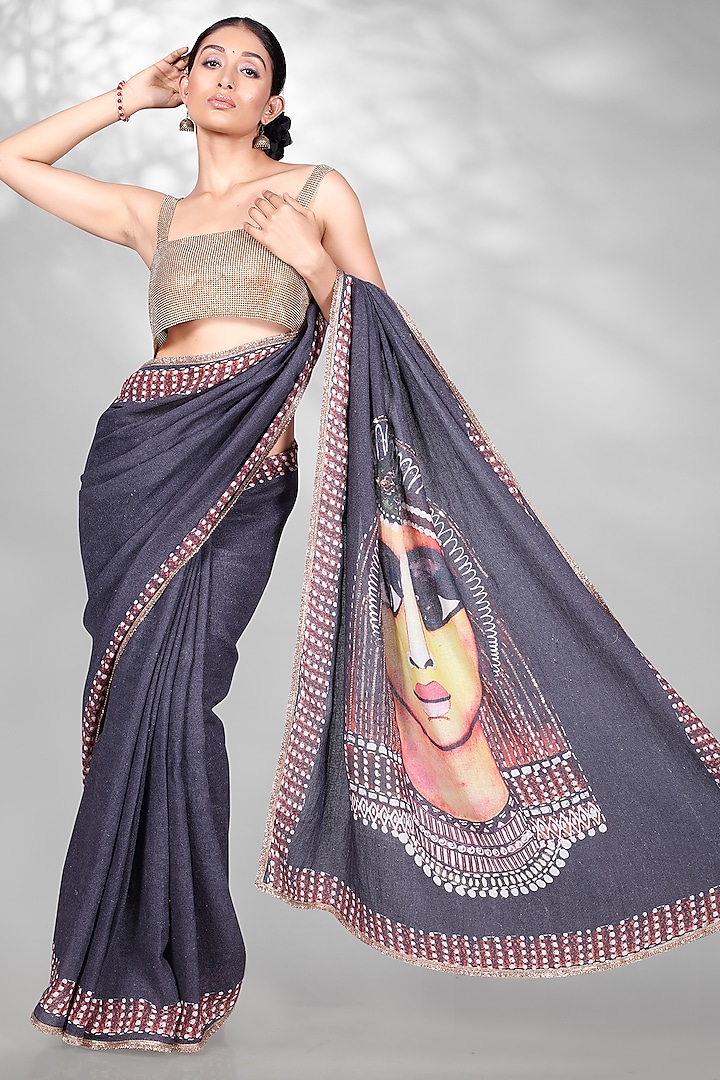 Black Jute Digital Printed & Sequins Embroidered Saree Set by Anita kanwal studio at Pernia's Pop Up Shop