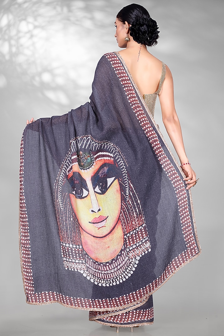 Black Jute Digital Printed & Sequins Embroidered Festive Saree Set by Anita kanwal studio at Pernia's Pop Up Shop