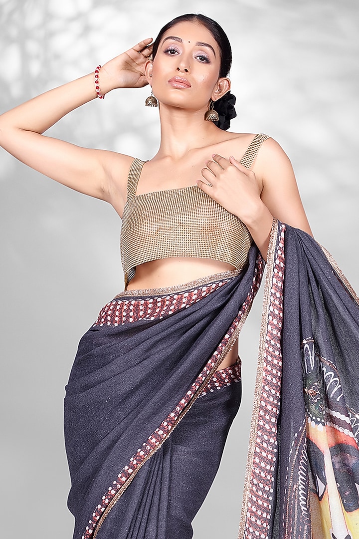 Black Jute Digital Printed & Sequins Embroidered Festive Saree Set by Anita kanwal studio at Pernia's Pop Up Shop
