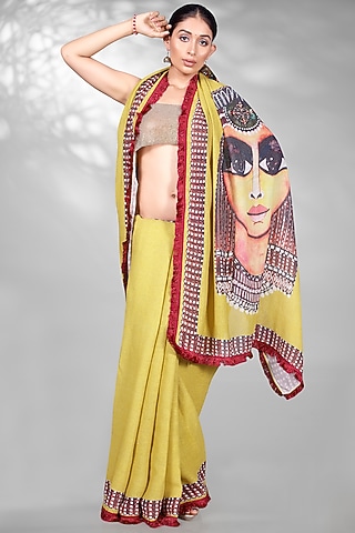 Green Jute Digital Printed & Sequins Embroidered Saree Set by Anita kanwal studio