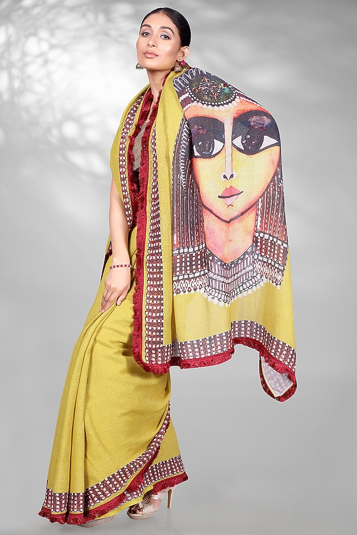 Green Jute Digital Printed & Sequins Embroidered Festive Saree Set by Anita kanwal studio at Pernia's Pop Up Shop