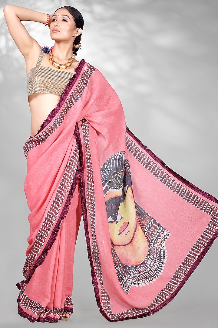 Red Jute Digital Printed & Sequins Embroidered Saree Set by Anita kanwal studio
