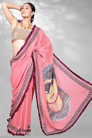 Red Jute Digital Printed & Sequins Embroidered Saree Set by Anita kanwal studio