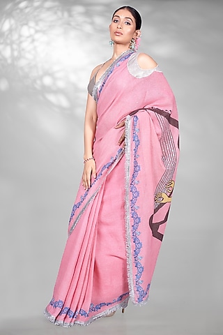 Pink Jute Digital Printed & Sequins Embroidered Saree Set by Anita kanwal studio