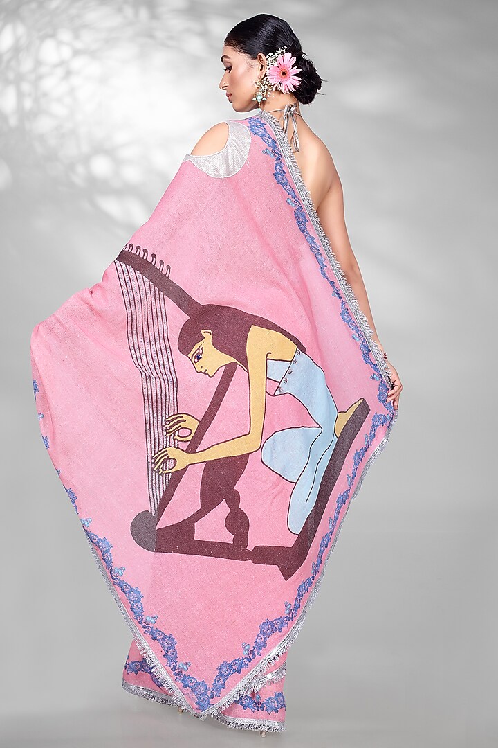 Pink Jute Digital Printed & Sequins Embroidered Festive Saree Set by Anita kanwal studio at Pernia's Pop Up Shop