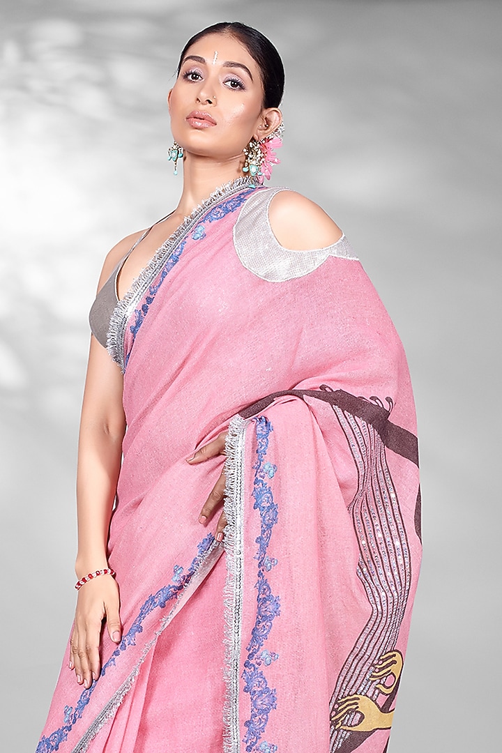 Pink Jute Digital Printed & Sequins Embroidered Festive Saree Set by Anita kanwal studio at Pernia's Pop Up Shop