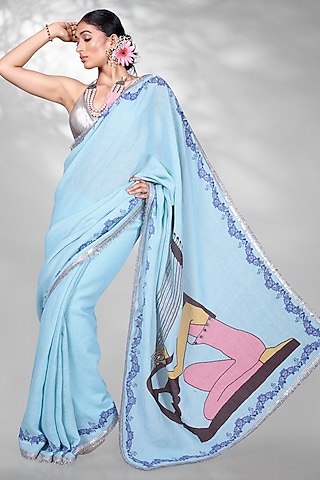 Blue Jute Digital Printed & Sequins Embroidered Saree Set by Anita kanwal studio