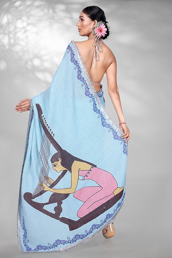 Blue Jute Digital Printed & Sequins Embroidered Festive Saree Set by Anita kanwal studio at Pernia's Pop Up Shop