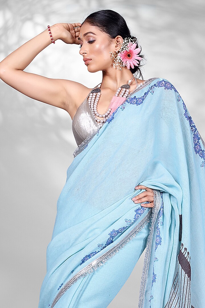 Blue Jute Digital Printed & Sequins Embroidered Festive Saree Set by Anita kanwal studio at Pernia's Pop Up Shop