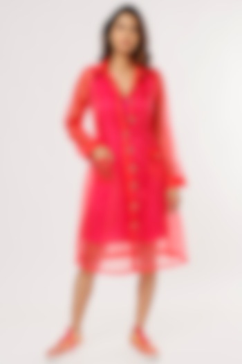 Red Poly Organza Trench Coat With Belt by Anita kanwal studio