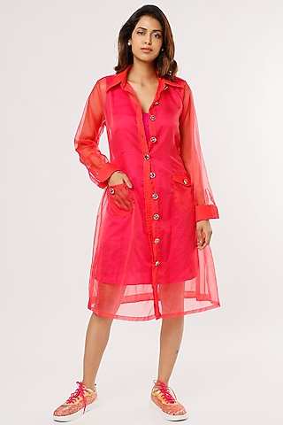 Red Poly Organza Trench Coat With Belt by Anita kanwal studio