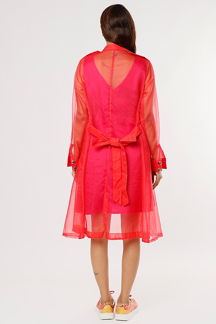Red Poly Organza Trench Coat With Belt by Anita kanwal studio at Pernia's Pop Up Shop