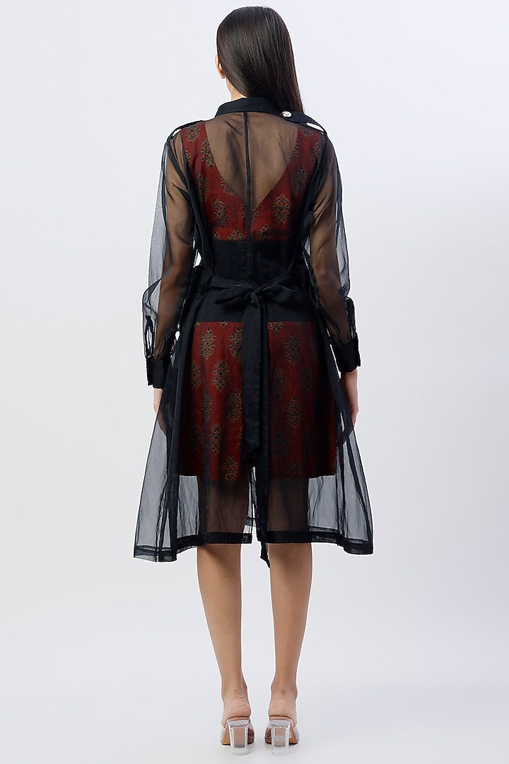 Black Poly Organza Trench Coat With Belt by Anita kanwal studio at Pernia's Pop Up Shop