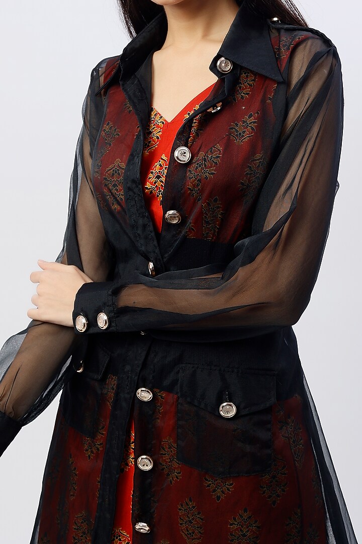 Black Poly Organza Trench Coat With Belt by Anita kanwal studio at Pernia's Pop Up Shop