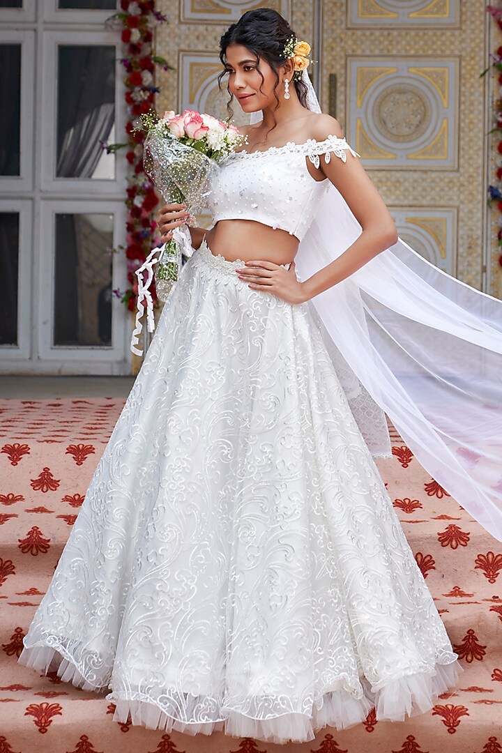 White Lace Fabric Wedding Lehenga Set by Anita kanwal studio at Pernia's Pop Up Shop