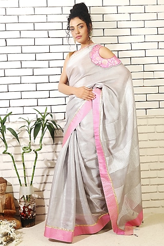 Grey Linen Tissue Embroidered Saree by Anita kanwal studio
