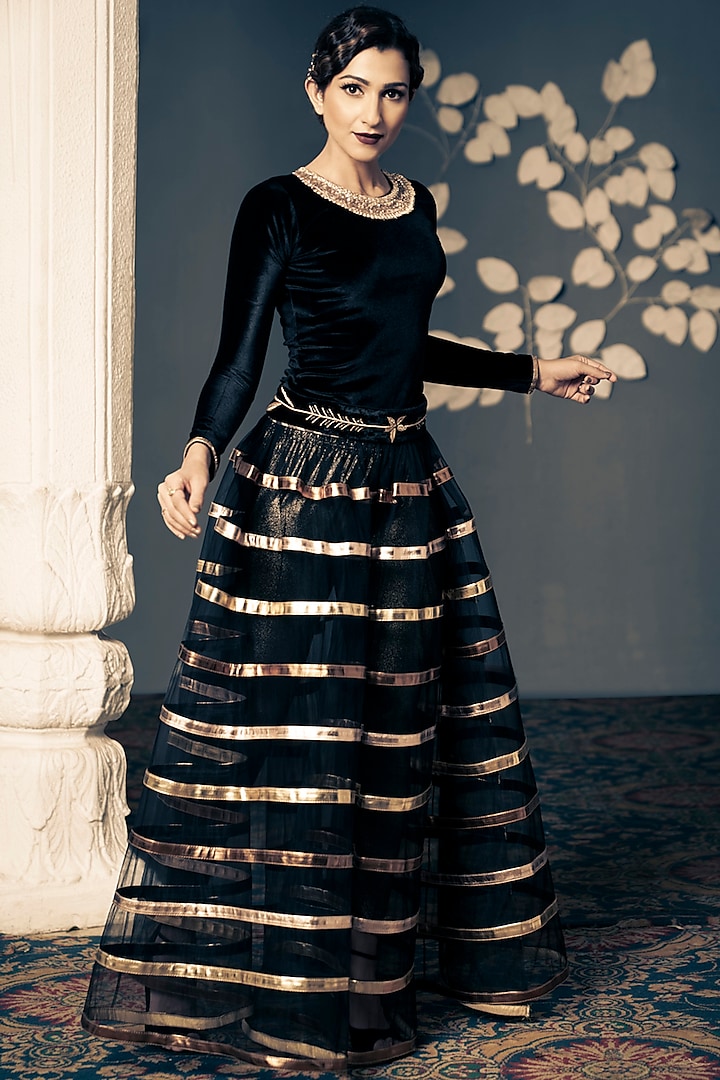 Black Net Skirt With Metallic Stripes by Anita kanwal studio