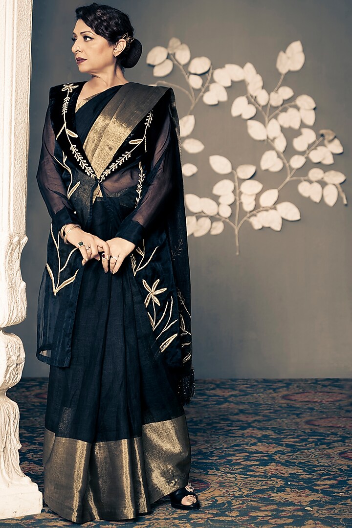 Black Linen Embroidered Saree Set by Anita kanwal studio