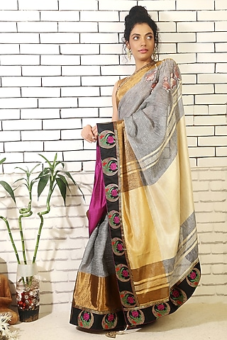 Grey Linen Tissue Saree by Anita kanwal studio