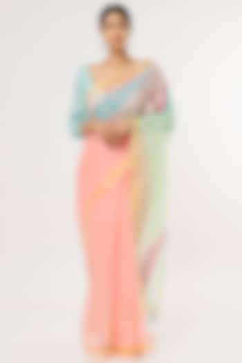 Peach & Aqua Green Kota Hand Block Printed Saree Set by Anita kanwal studio