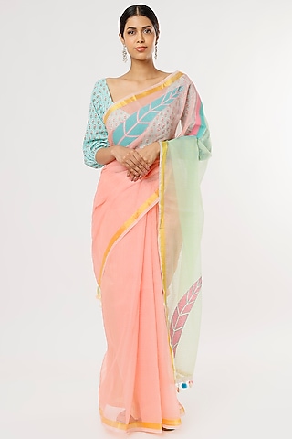 Peach & Aqua Green Kota Hand Block Printed Saree Set by Anita kanwal studio