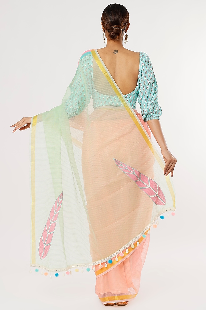 Peach & Aqua Green Kota Hand Block Printed Festive Saree Set by Anita kanwal studio at Pernia's Pop Up Shop