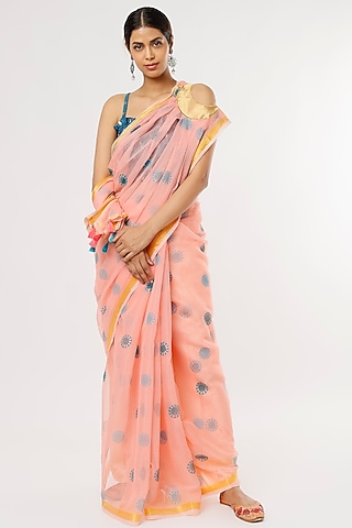 Peach Kota Hand Block Printed Saree Set by Anita kanwal studio