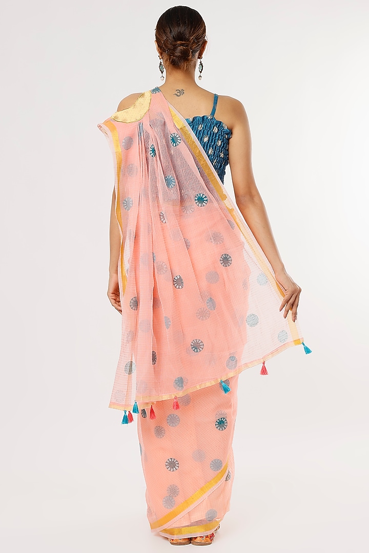 Peach Kota Hand Block Printed Festive Saree Set by Anita kanwal studio at Pernia's Pop Up Shop