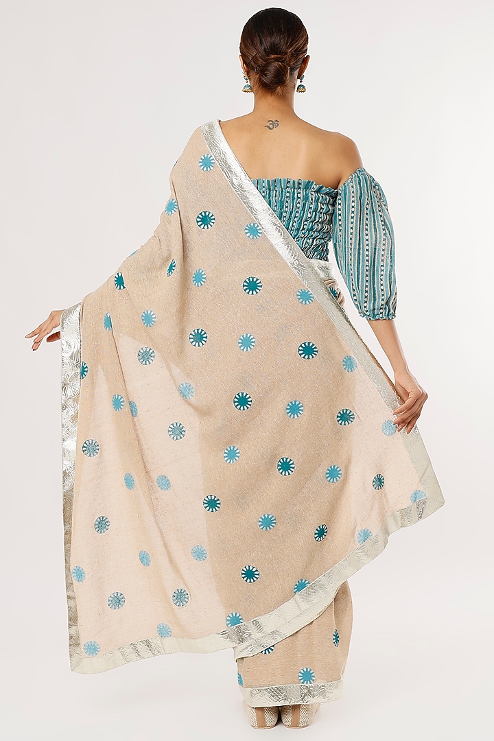 Beige Hand Block Printed Festive Saree Set by Anita kanwal studio at Pernia's Pop Up Shop