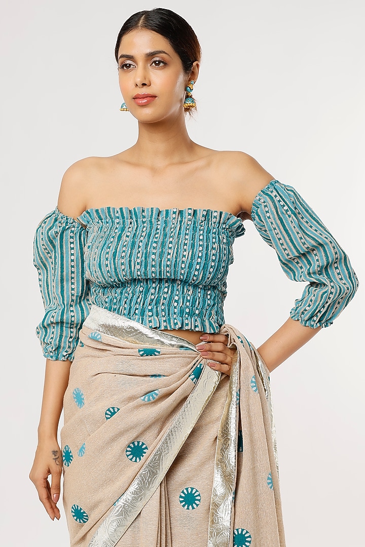 Beige Hand Block Printed Festive Saree Set by Anita kanwal studio at Pernia's Pop Up Shop