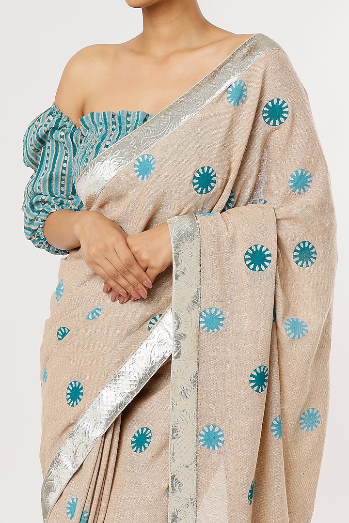 Beige Hand Block Printed Festive Saree Set by Anita kanwal studio at Pernia's Pop Up Shop