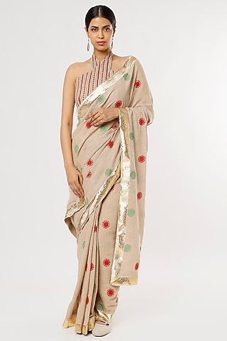 Beige Jute Hand Block Printed Saree Set by Anita kanwal studio