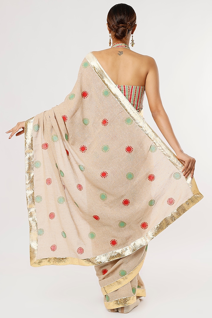 Beige Jute Hand Block Printed Festive Saree Set by Anita kanwal studio at Pernia's Pop Up Shop