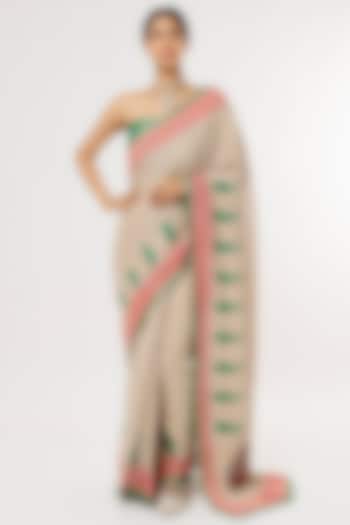 Beige & Green Hand Block Printed Saree Set by Anita kanwal studio