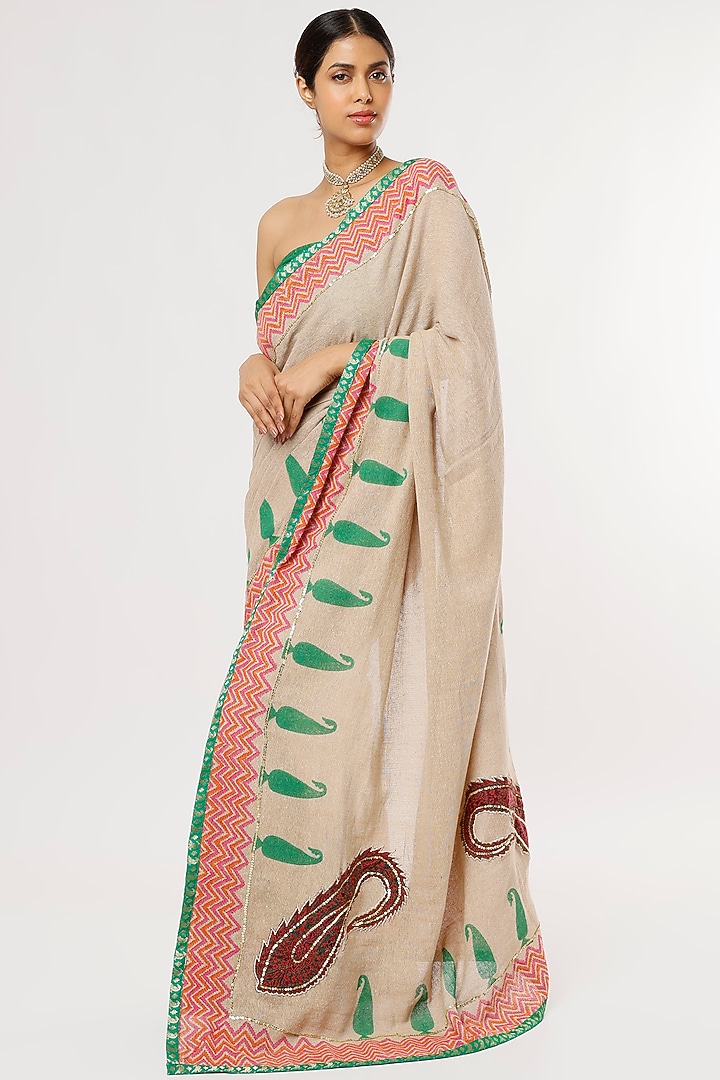 Beige & Green Hand Block Printed Party Wear Saree Set by Anita kanwal studio at Pernia's Pop Up Shop