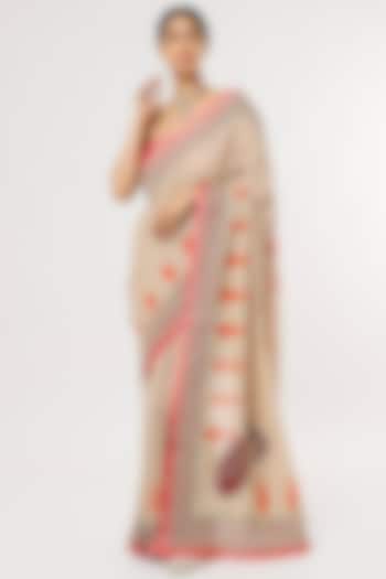 Beige & Red Hand Block Printed Saree Set by Anita kanwal studio
