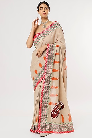 Beige & Red Hand Block Printed Saree Set by Anita kanwal studio