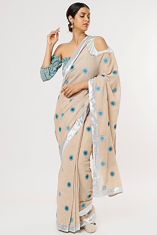 Beige Hand Block Printed Saree Set by Anita kanwal studio