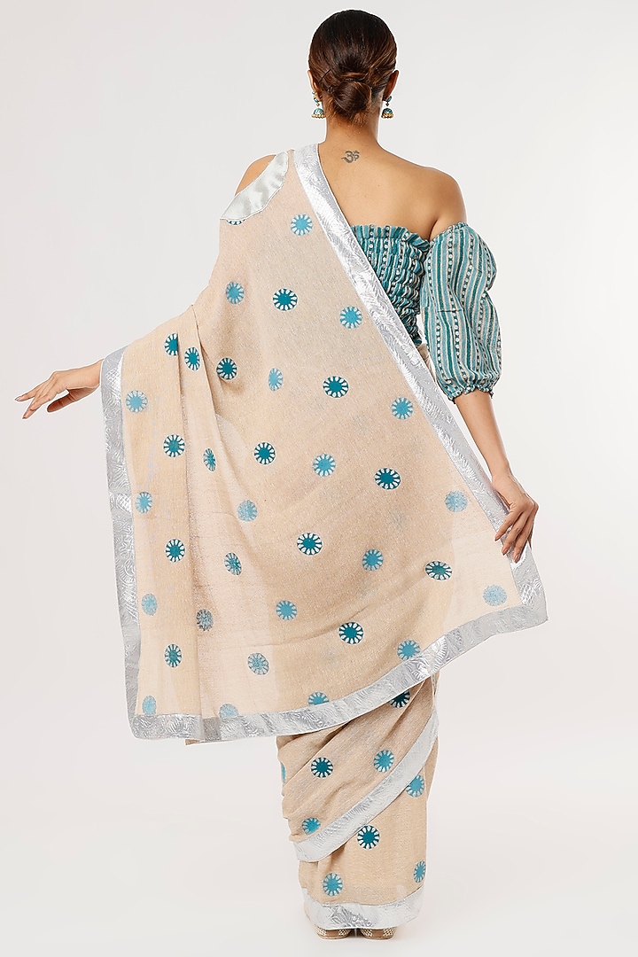 Beige Hand Block Printed Festive Saree Set by Anita kanwal studio at Pernia's Pop Up Shop