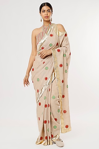 Beige Jute Hand Block Printed Saree Set by Anita kanwal studio