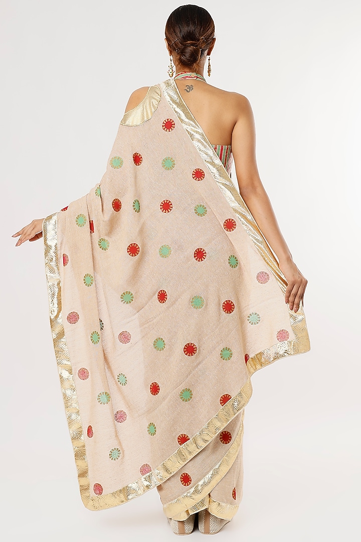 Beige Jute Hand Block Printed Festive Saree Set by Anita kanwal studio at Pernia's Pop Up Shop
