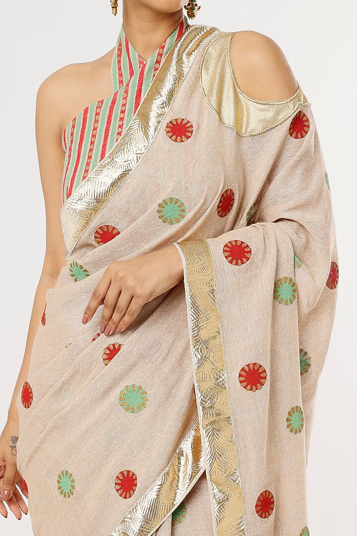 Beige Jute Hand Block Printed Festive Saree Set by Anita kanwal studio at Pernia's Pop Up Shop