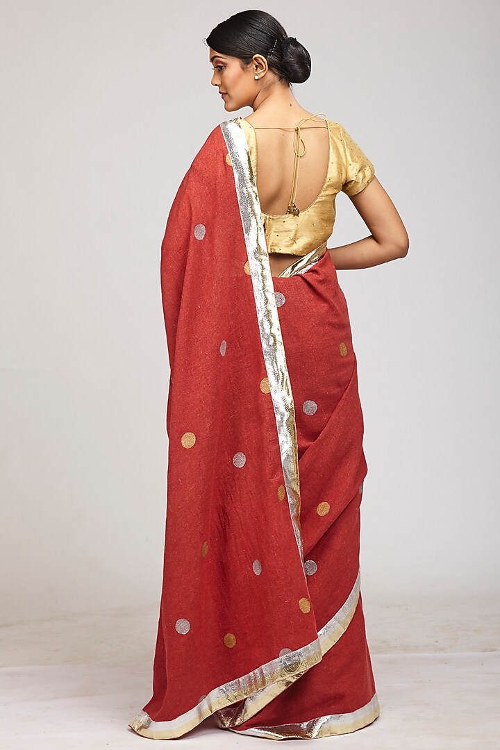 Maroon Hand Block Printed Polka Festive Saree Set by Anita kanwal studio at Pernia's Pop Up Shop