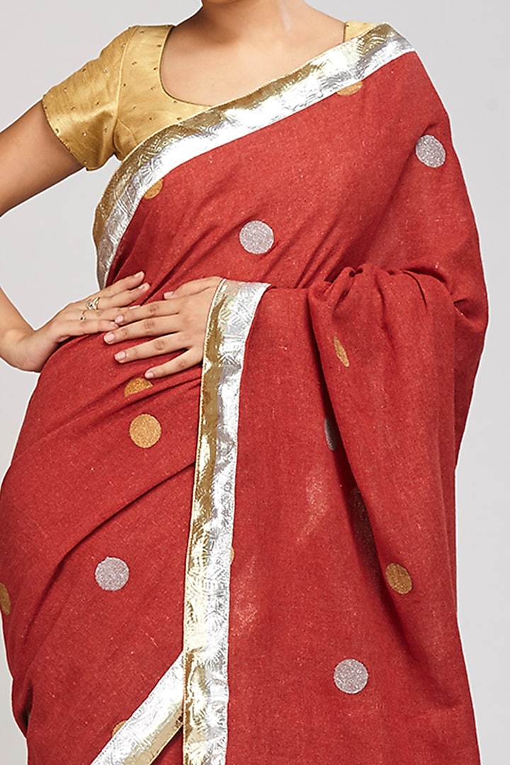 Maroon Hand Block Printed Polka Festive Saree Set by Anita kanwal studio at Pernia's Pop Up Shop