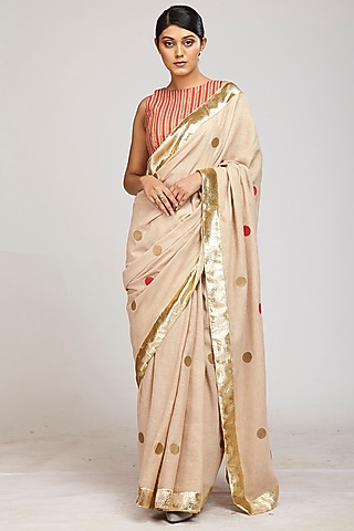 Brown Jute Polka Dot Hand Block Printed Saree Set by Anita kanwal studio