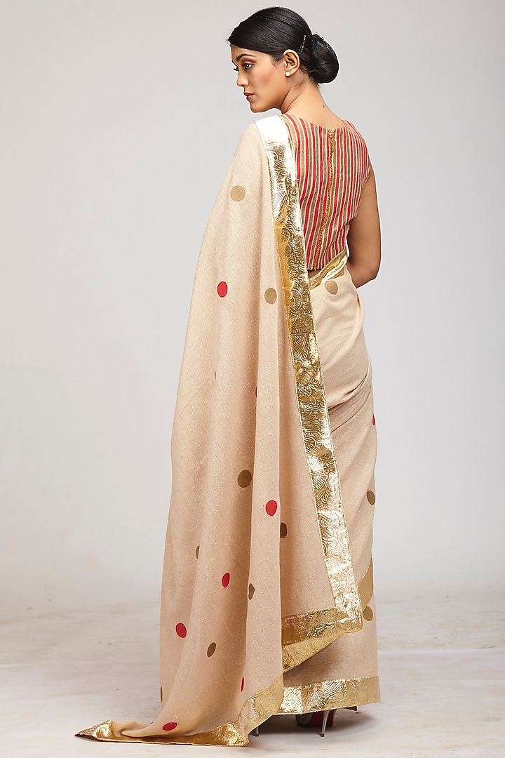 Brown Jute Polka Dot Hand Block Printed Festive Saree Set by Anita kanwal studio at Pernia's Pop Up Shop