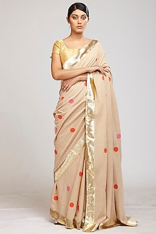 Brown Jute Polka Dot Hand Block Printed Saree Set by Anita kanwal studio