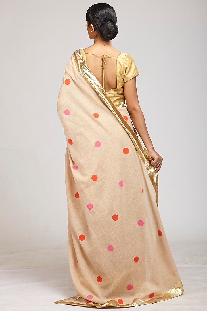 Brown Jute Polka Dot Hand Block Printed Festive Saree Set by Anita kanwal studio at Pernia's Pop Up Shop