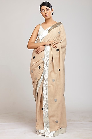 Brown Jute Polka Dot Hand Block Printed Saree Set by Anita kanwal studio